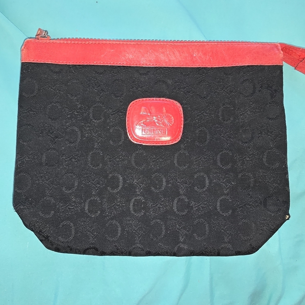 Celine Red and Black Cosmetic Bag with Embossed Design